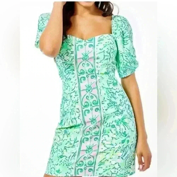 Lilly Pulitzer Daniela Floral Resort Aqua Hopelessly Puff Sleeve Dress S 4 - Picture 1 of 10